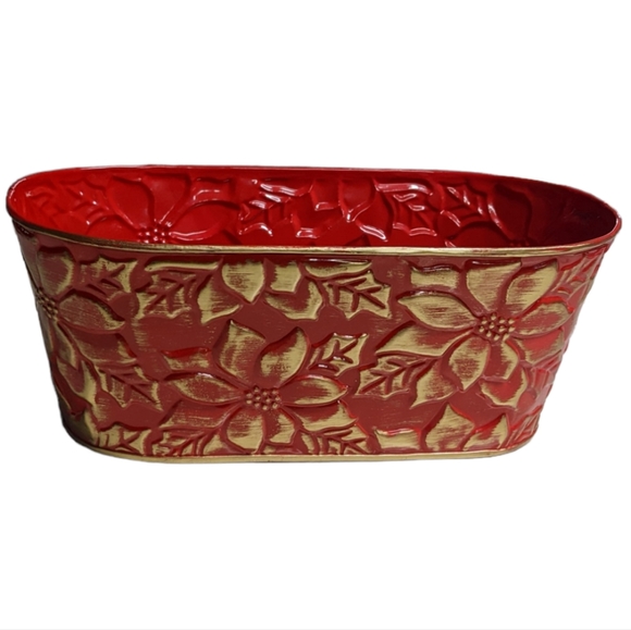 Burton & Burton Red & Gold Metal Holiday Christmas Floral Tin Planter Se… - Picture 8 of 14